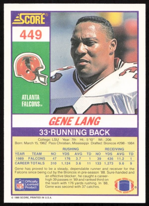 1990 Score Gene Lang #449 (Back)