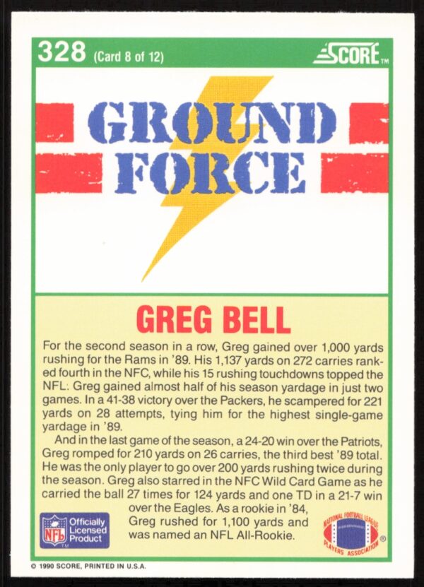 1990 Score Greg Bell #328 (Back)