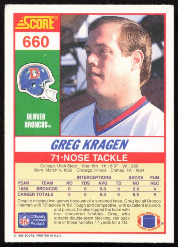 1990 Score Greg Kragen #660 (Back)