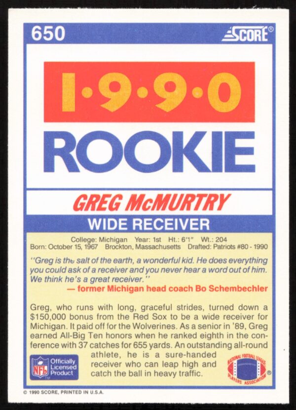 1990 Score Greg McMurtry #650 (Back)