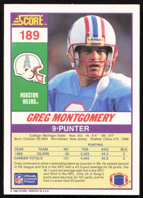 1990 Score Greg Montgomery #189 (Back)