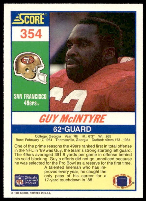1990 Score Guy McIntyre #354 (Back)