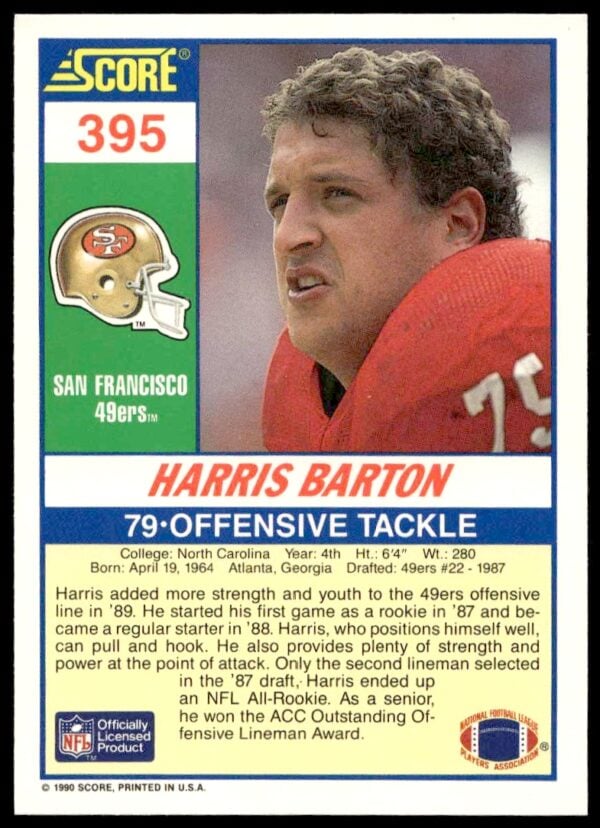 1990 Score Harris Barton #395 (Back)