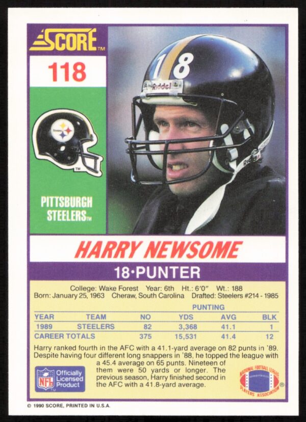 1990 Score Harry Newsome #118 (Back)