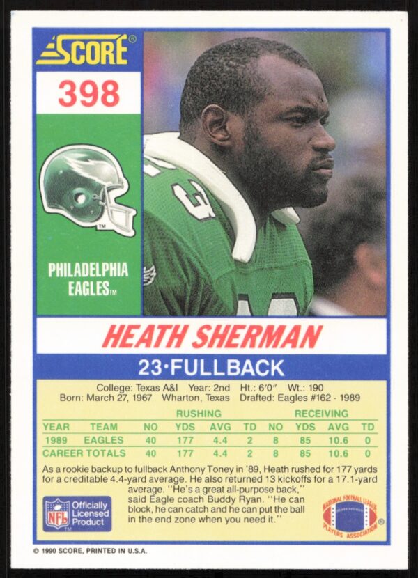 1990 Score Heath Sherman #398 (Back)