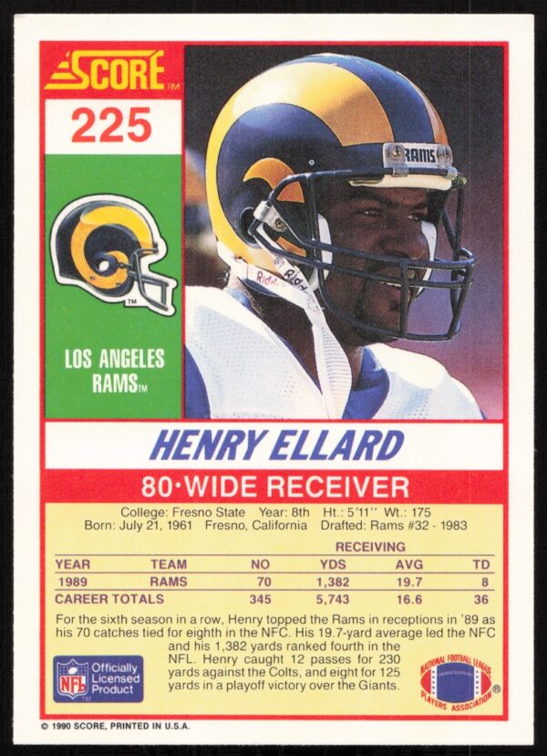 1990 Score Henry Ellard #225 (Back)