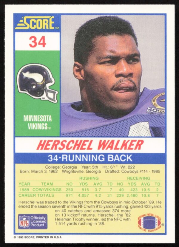 1990 Score Herschel Walker #34 (Back)