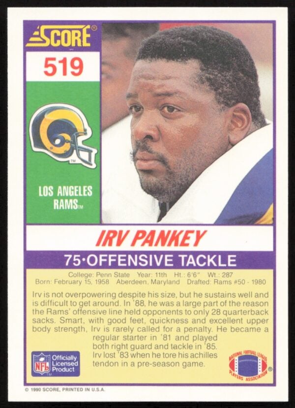 1990 Score Irv Pankey #519 (Back)