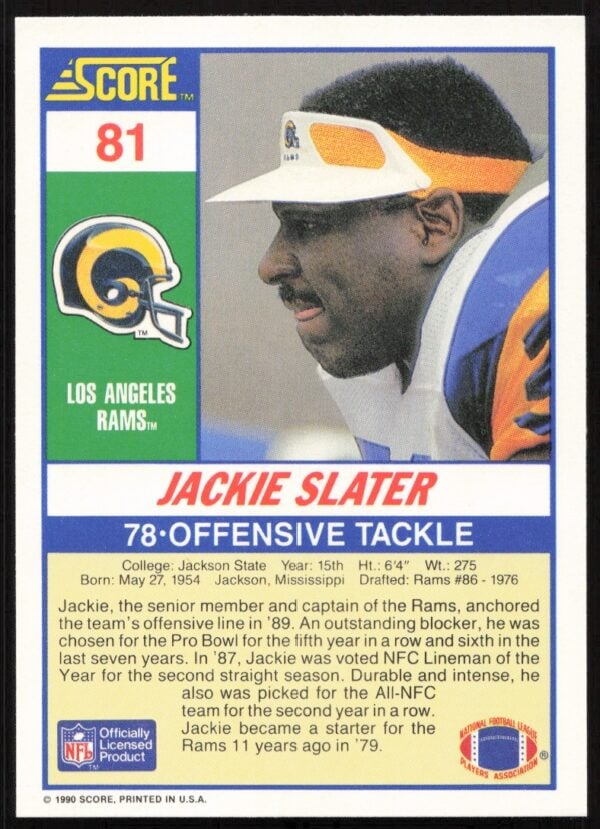 1990 Score Jackie Slater #81 (Back)