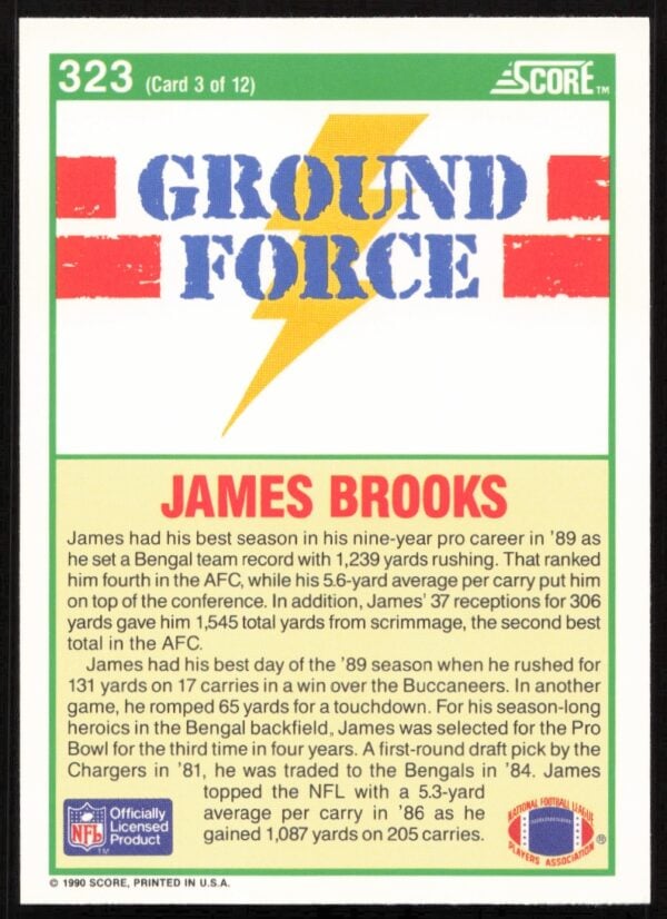 1990 Score James Brooks #323 (Back)