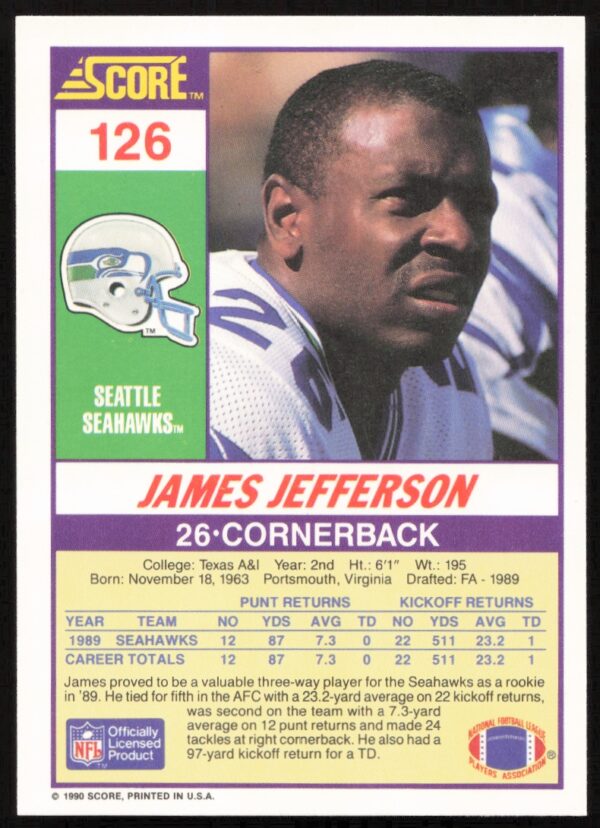 1990 Score James Jefferson #126 (Back)