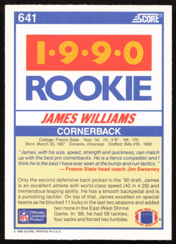 1990 Score James Williams #641 (Back)