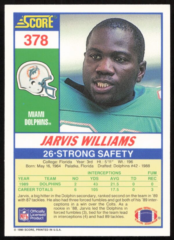 1990 Score Jarvis Williams #378 (Back)