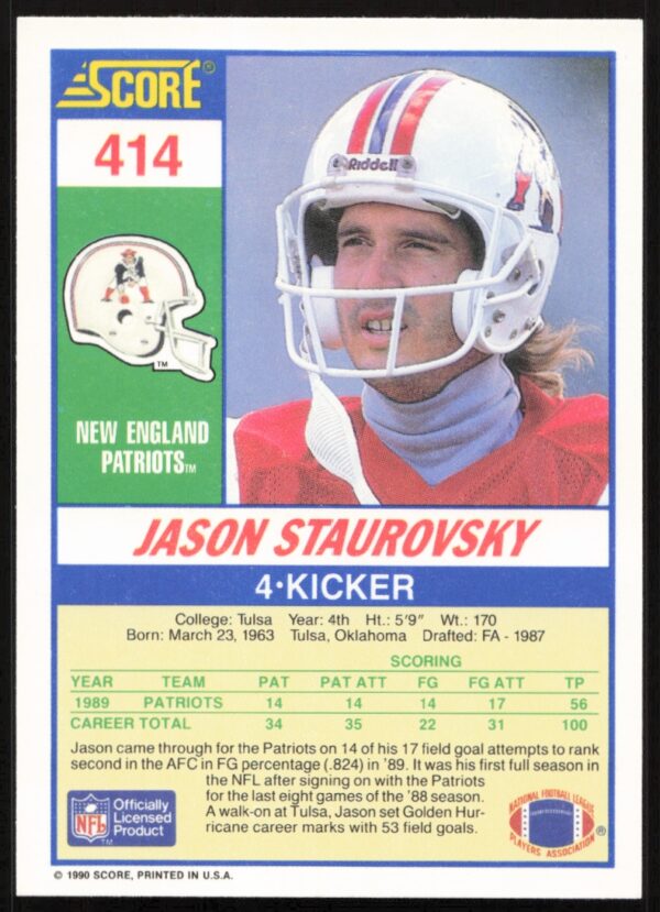 1990 Score Jason Staurovsky #414 (Back)