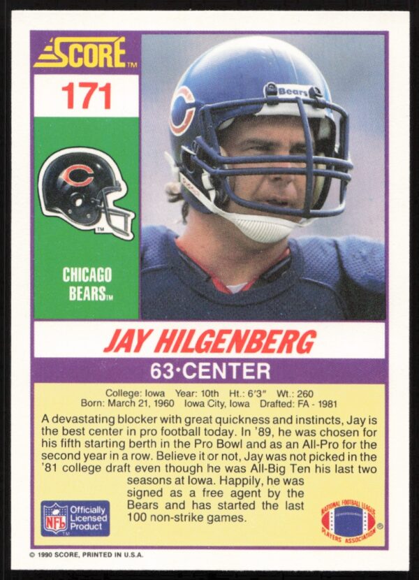 1990 Score Jay Hilgenberg #171 (Back)