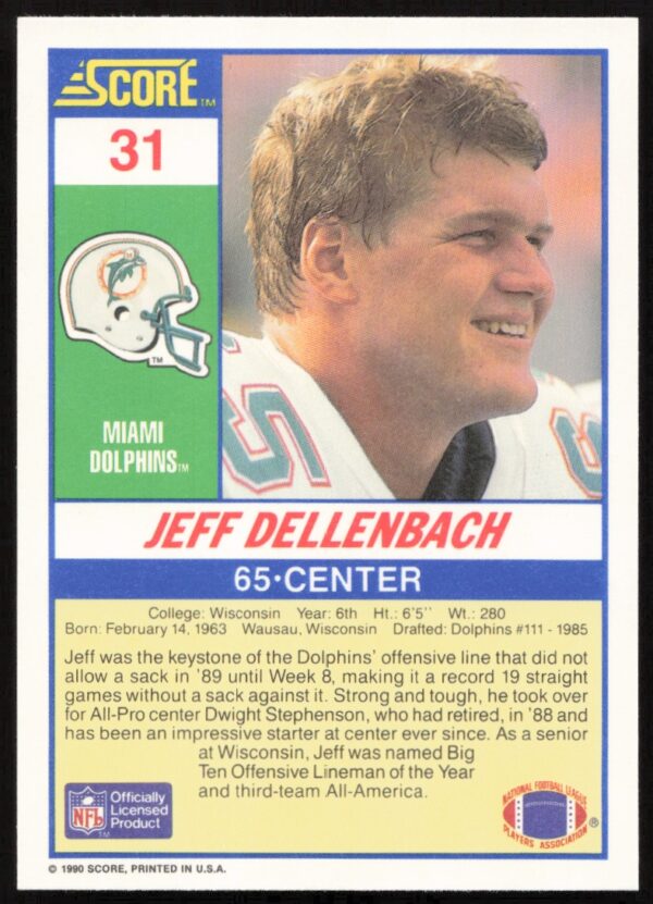 1990 Score Jeff Dellenbach #31 (Back)