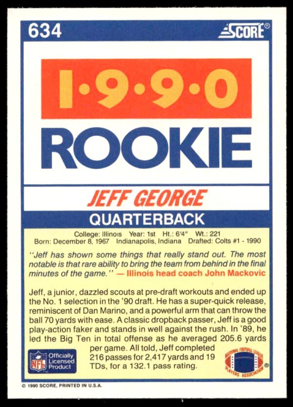 1990 Score Jeff George #634 (Back)