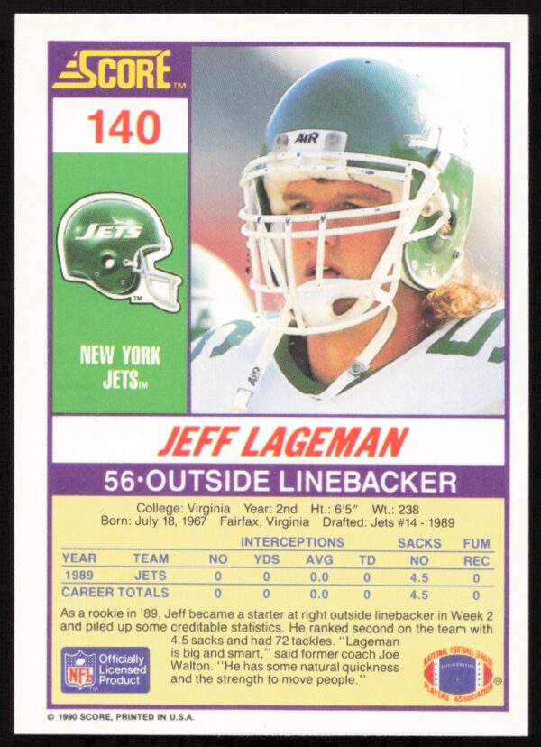 1990 Score Jeff Lageman #140 (Back)