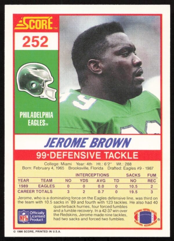 1990 Score Jerome Brown #252 (Back)