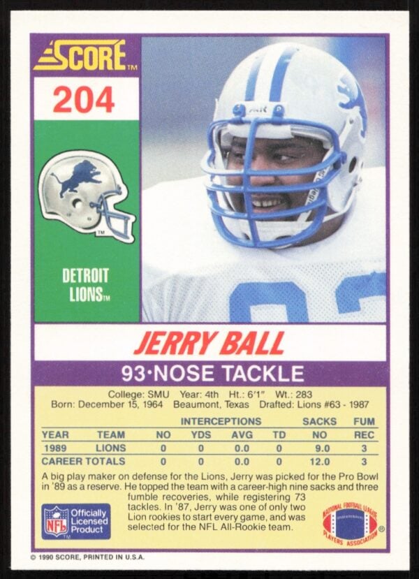 1990 Score Jerry Ball #204 (Back)