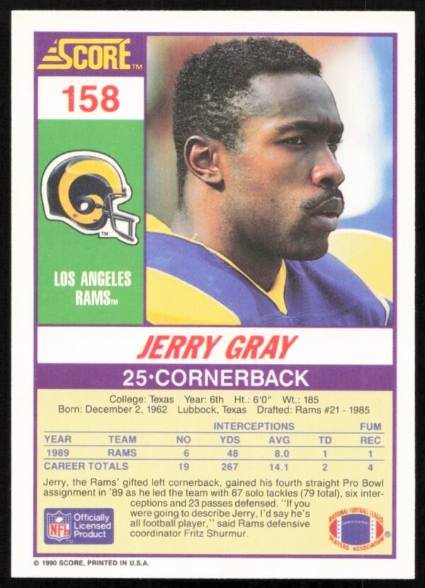 1990 Score Jerry Gray #158 (Back)