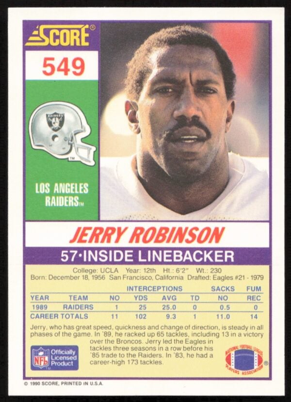 1990 Score Jerry Robinson #549 (Back)