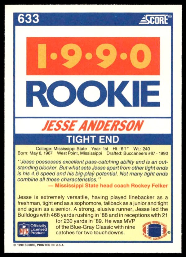 1990 Score Jesse Anderson #633 (Back)