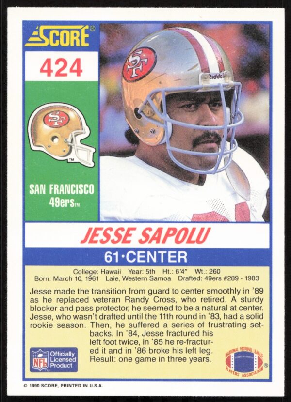 1990 Score Jesse Sapolu #424 (Back)