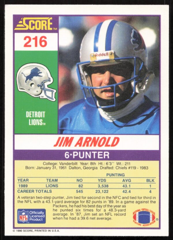 1990 Score Jim Arnold #216 (Back)