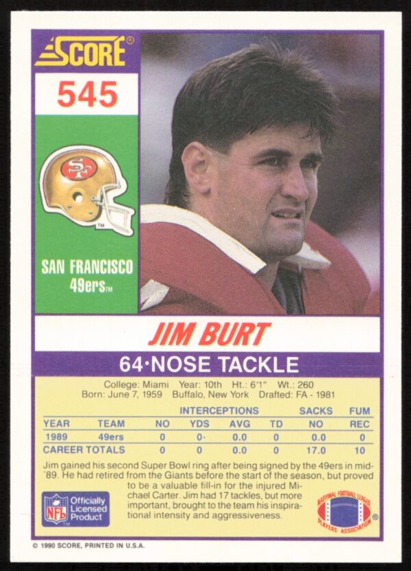 1990 Score Jim Burt #545 (Back)