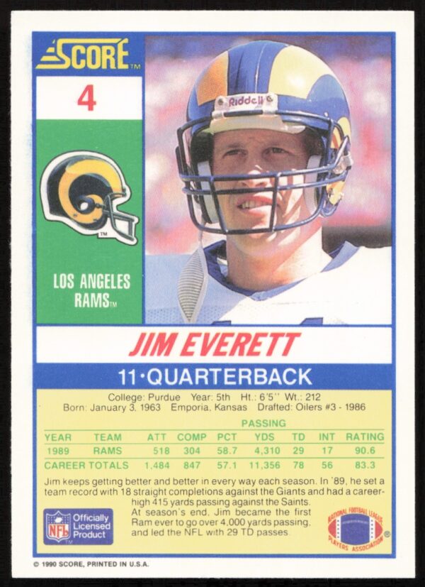 1990 Score Jim Everett #4 (Back)