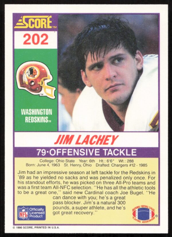 1990 Score Jim Lachey #202 (Back)