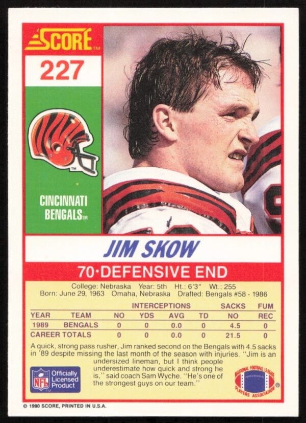 1990 Score Jim Skow #227 (Back)