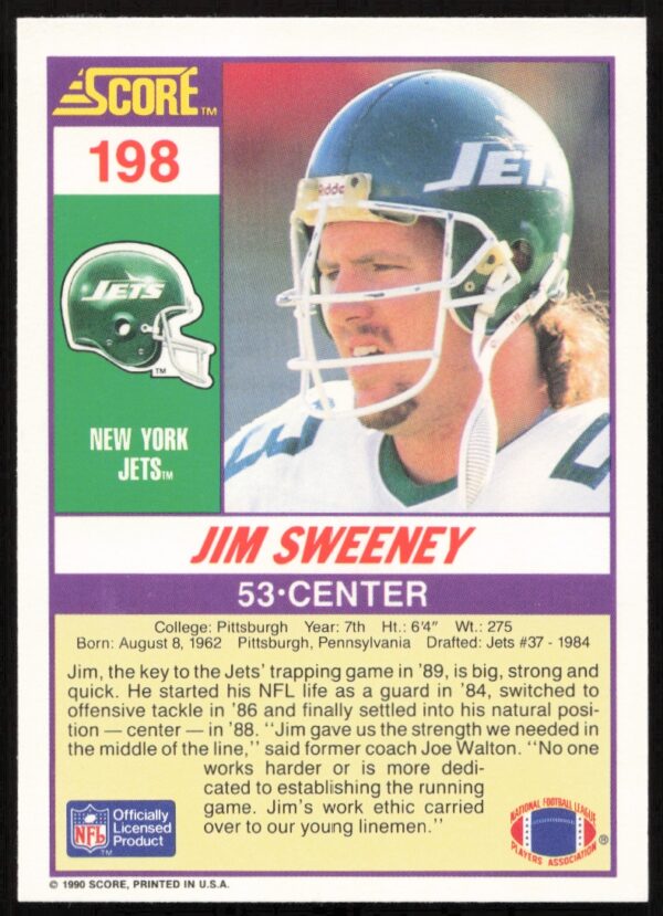 1990 Score Jim Sweeney #198 (Back)