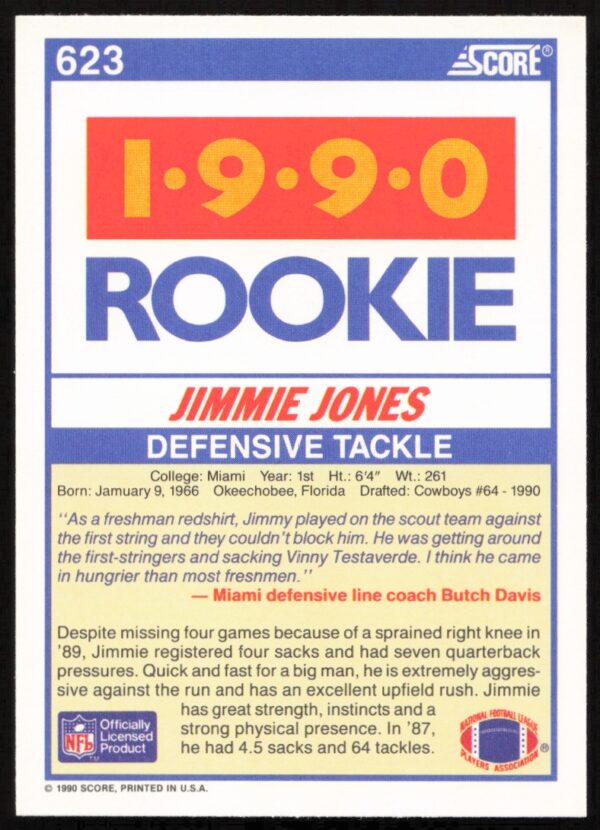 1990 Score Jimmie Jones #623 (Back)