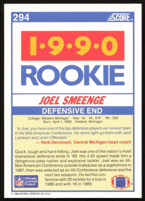 1990 Score Joel Smeenge #294 (Back)