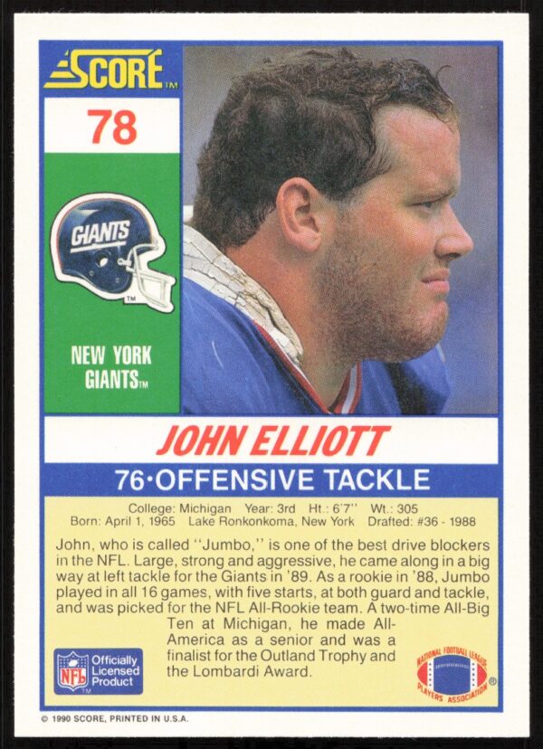 1990 Score John Elliott #78 (Back)