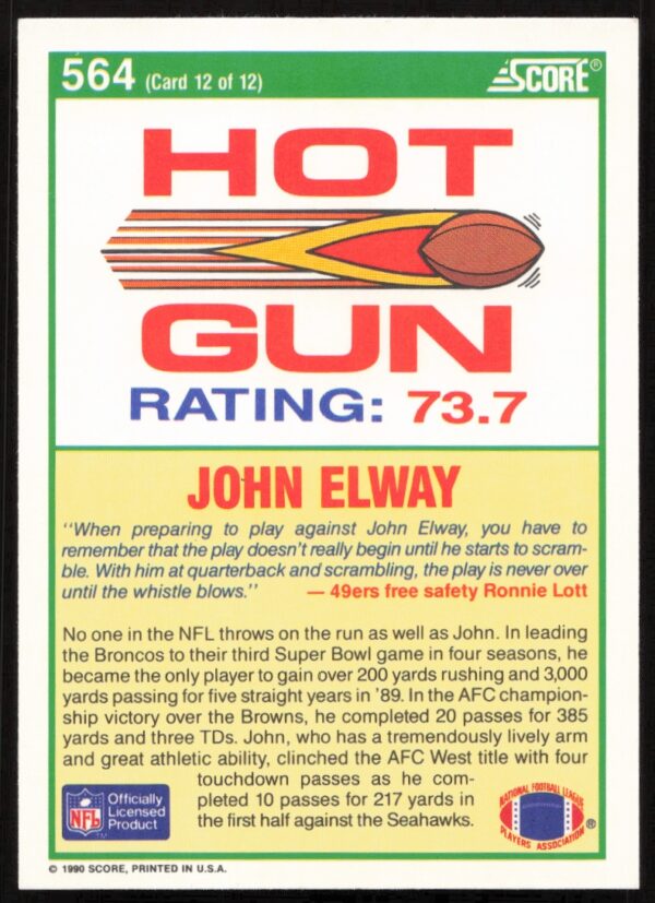 1990 Score John Elway #564 (Back)