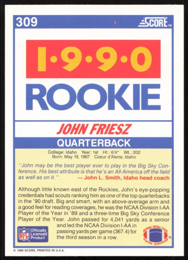 1990 Score John Friesz #309 (Back)