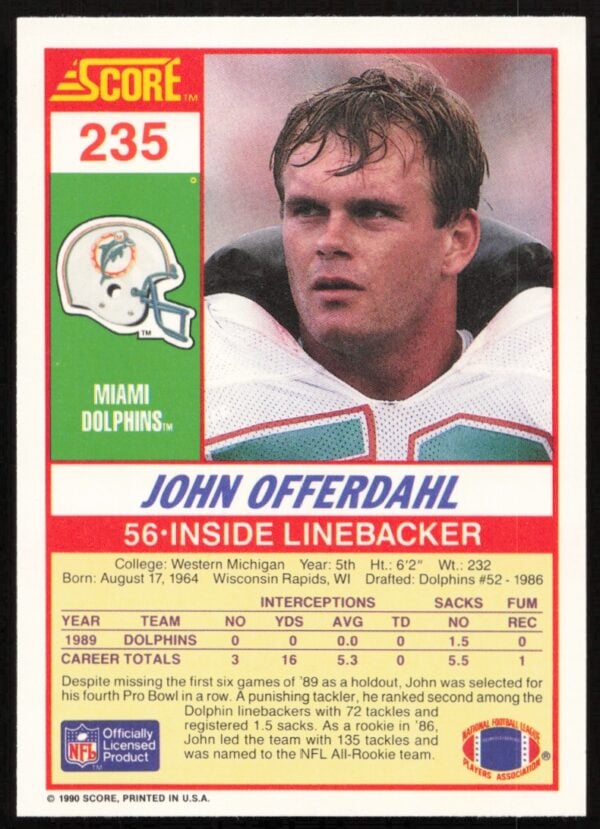 1990 Score John Offerdahl #235 (Back)