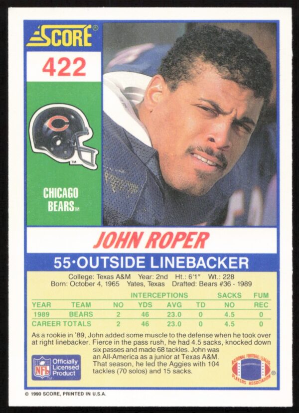 1990 Score John Roper #422 (Back)