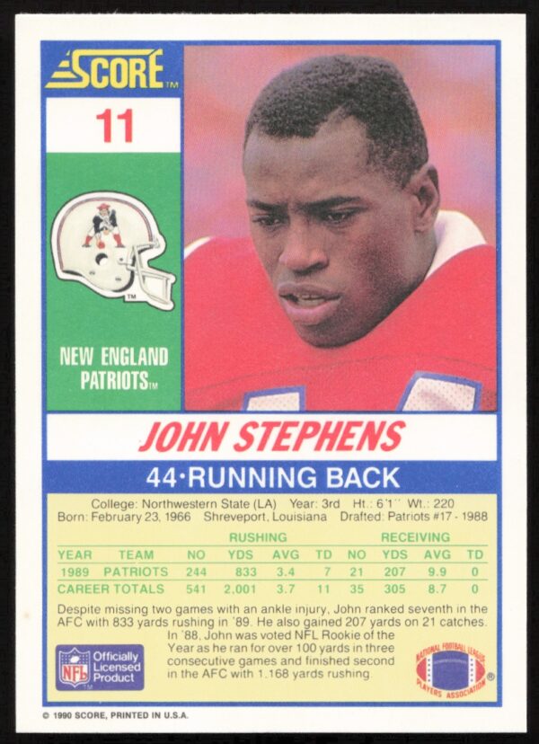 1990 Score John Stephens #11 (Back)