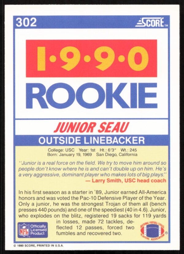 1990 Score Junior Seau #302 (Back)