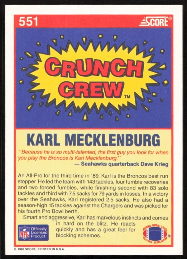 1990 Score Karl Mecklenburg #551 (Back)