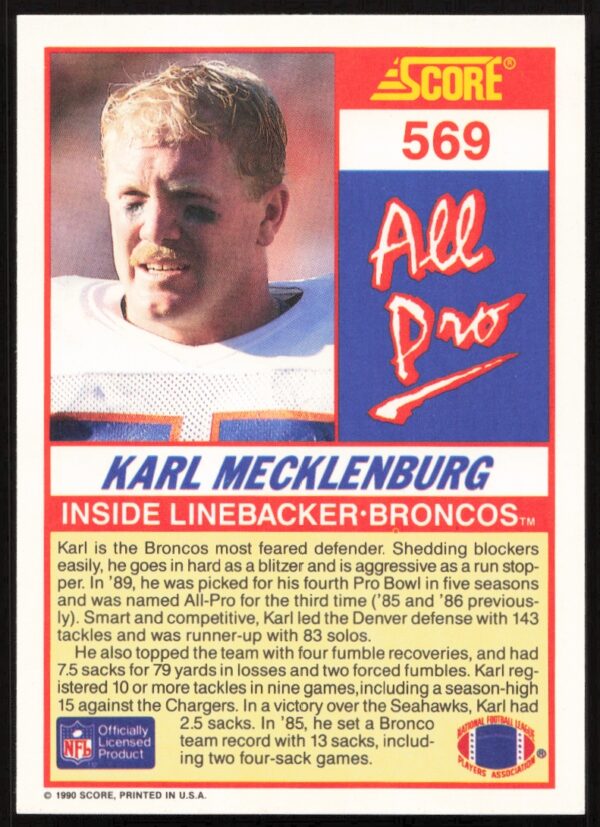 1990 Score Karl Mecklenburg #569 (Back)