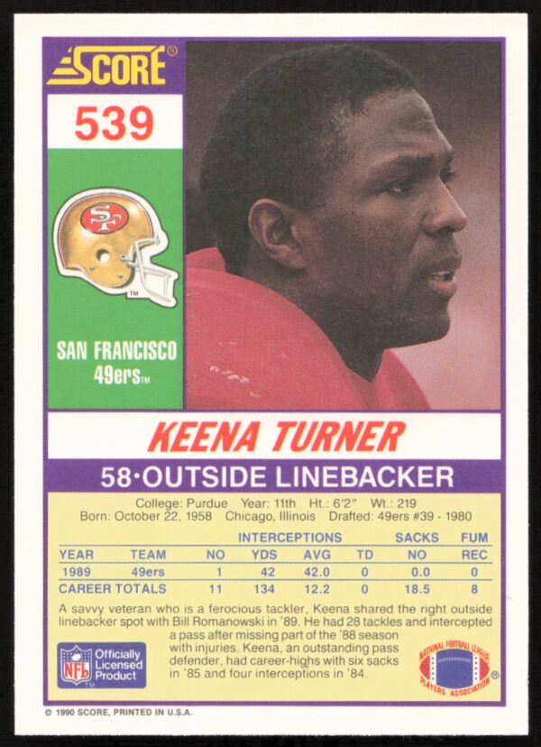 1990 Score Keena Turner #539 (Back)