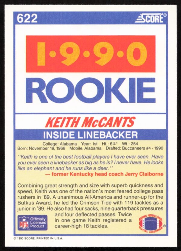 1990 Score Keith McCants #622 (Back)