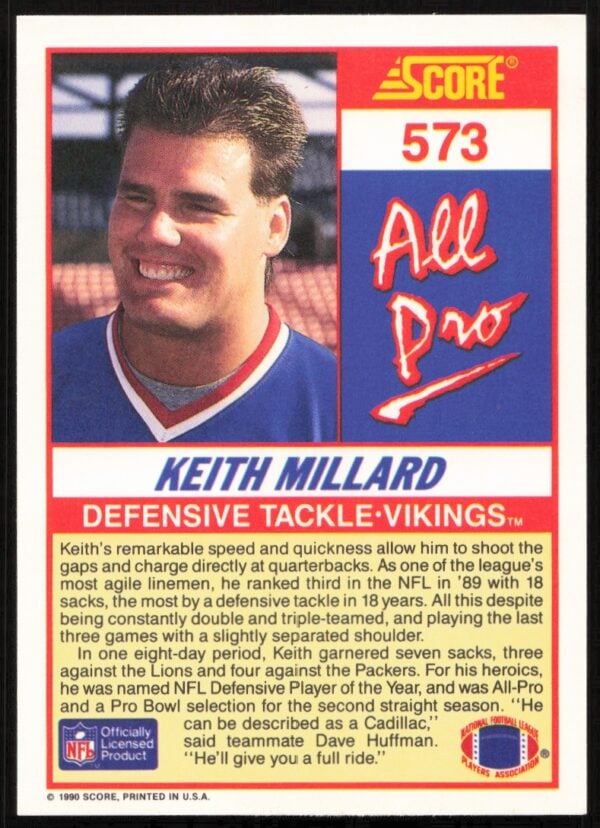 1990 Score Keith Millard #573 (Back)