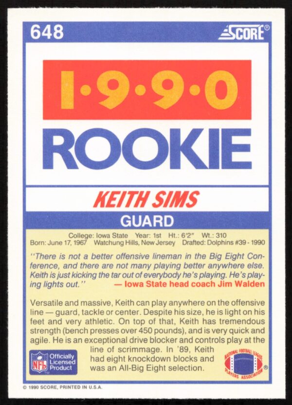 1990 Score Keith Sims #648 (Back)