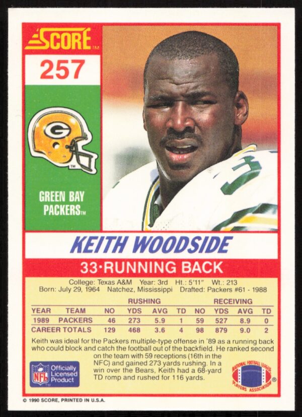 1990 Score Keith Woodside #257 (Back)